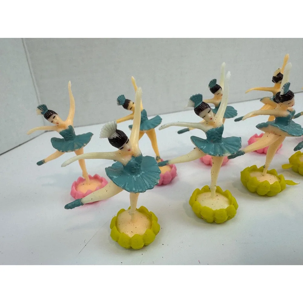Vintage Plastic Ballerina Cake Toppers Teal Tutu Flower Base Set of 11 Dancers